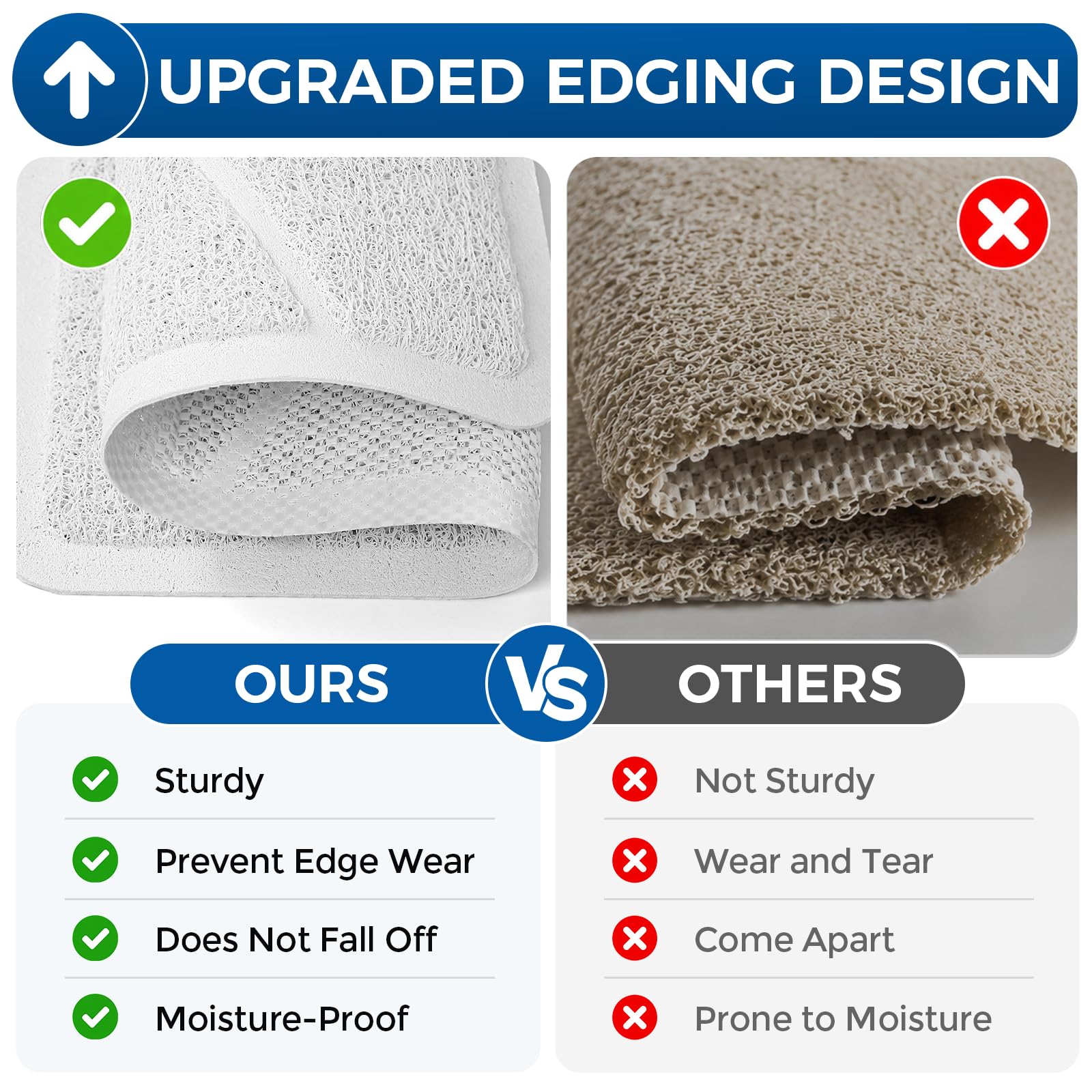 XIYUNTE Square Shower Mat Non Slip Anti Mould, Bath Mat with Heat-Pressed Edging 60x60cm, INCL. Hooks for Drying