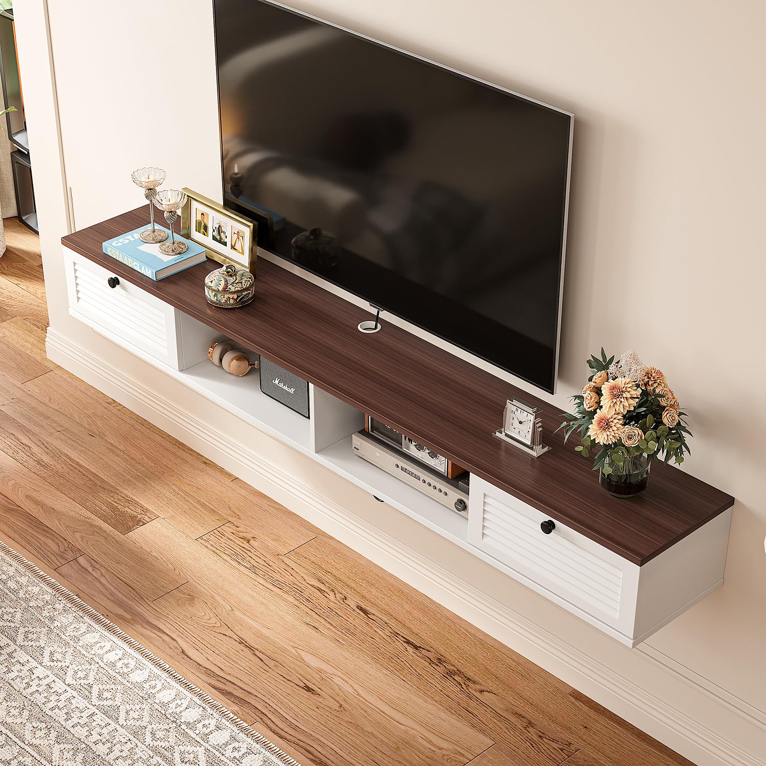 FloatiCasa 140cm Walnut & White Floating TV Unit, 2 Doors & 2 Open Cabinets