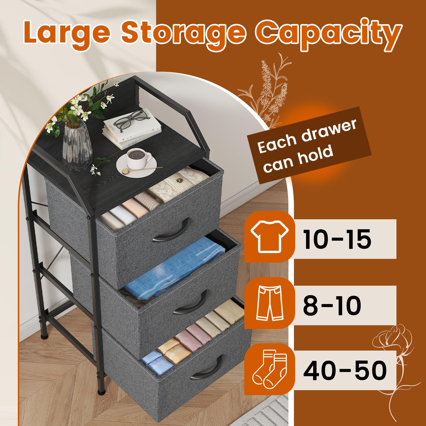Feonase 3-Drawer Chest of Drawers with Metal Frame & Top Back Shelf – Modern Fabric Storage Cabinet for Bedroom, Living Room, Small Spaces