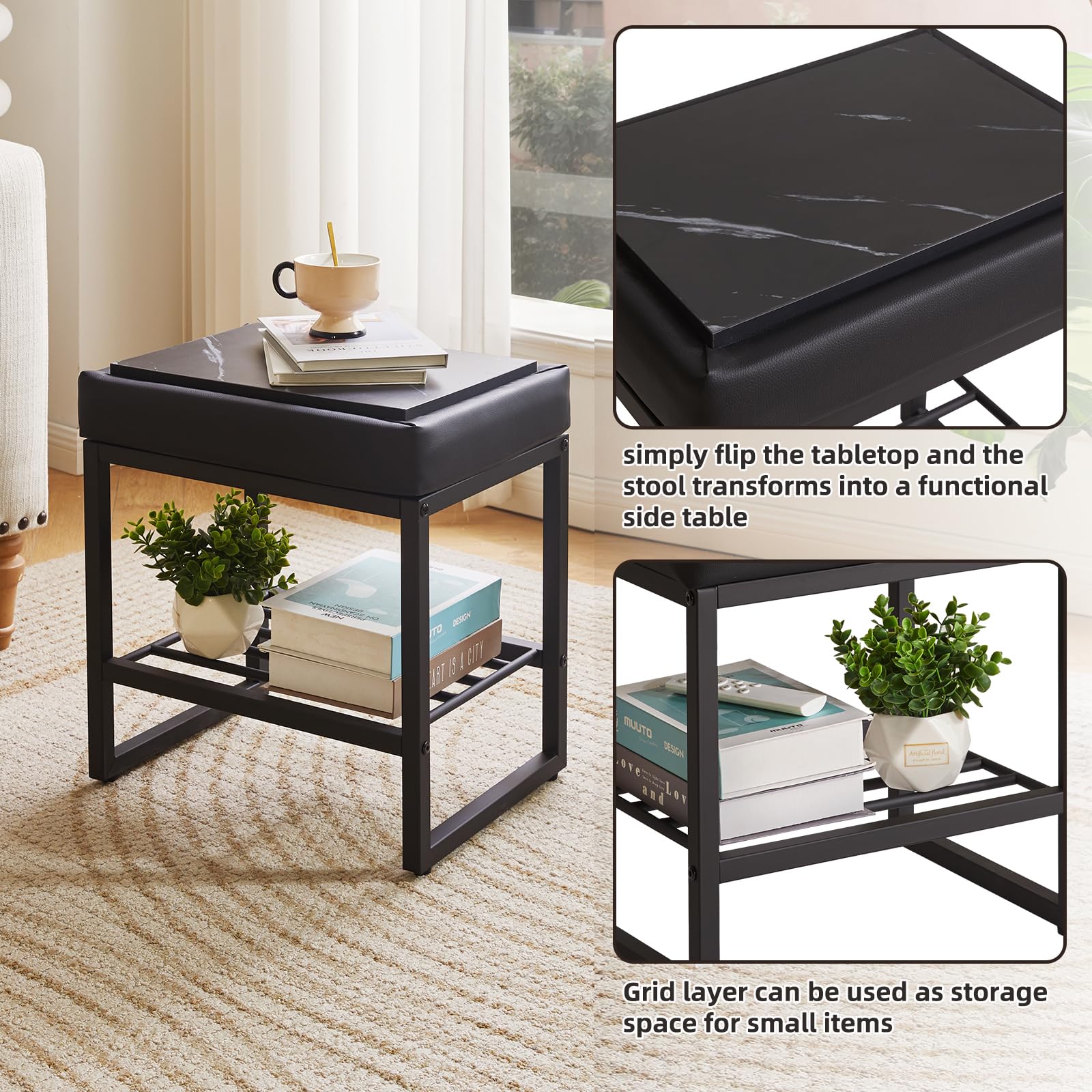 Aibiju Stool Chair for Dressing Table, Faux Leather Small Makeup Bench for Vanity, PU Seat Vanity Stool for Bedroom Living Room, Black YD-JD150B