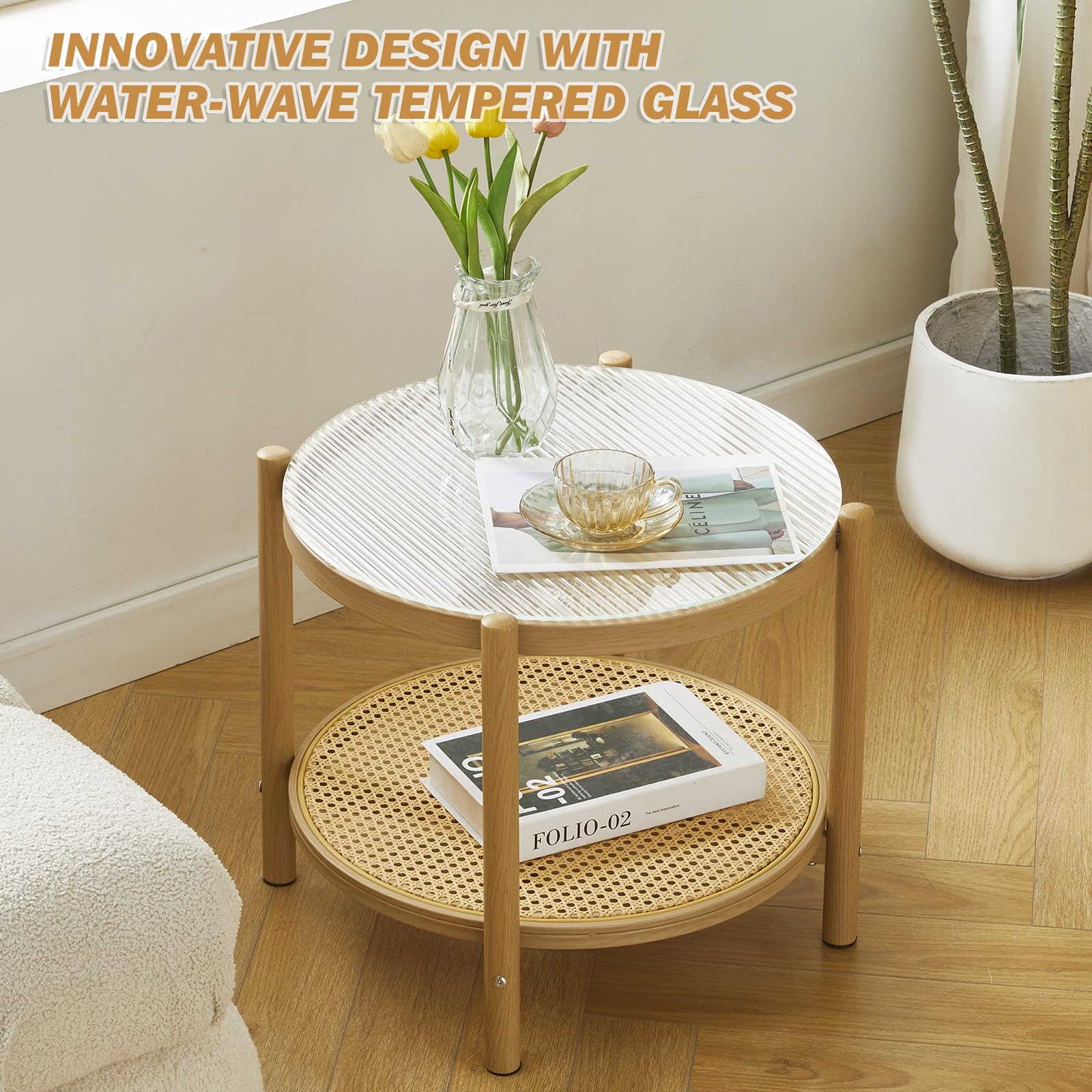 COSVALVE Boho Rattan Coffee Table Small Round, Glass Metal Side Table
