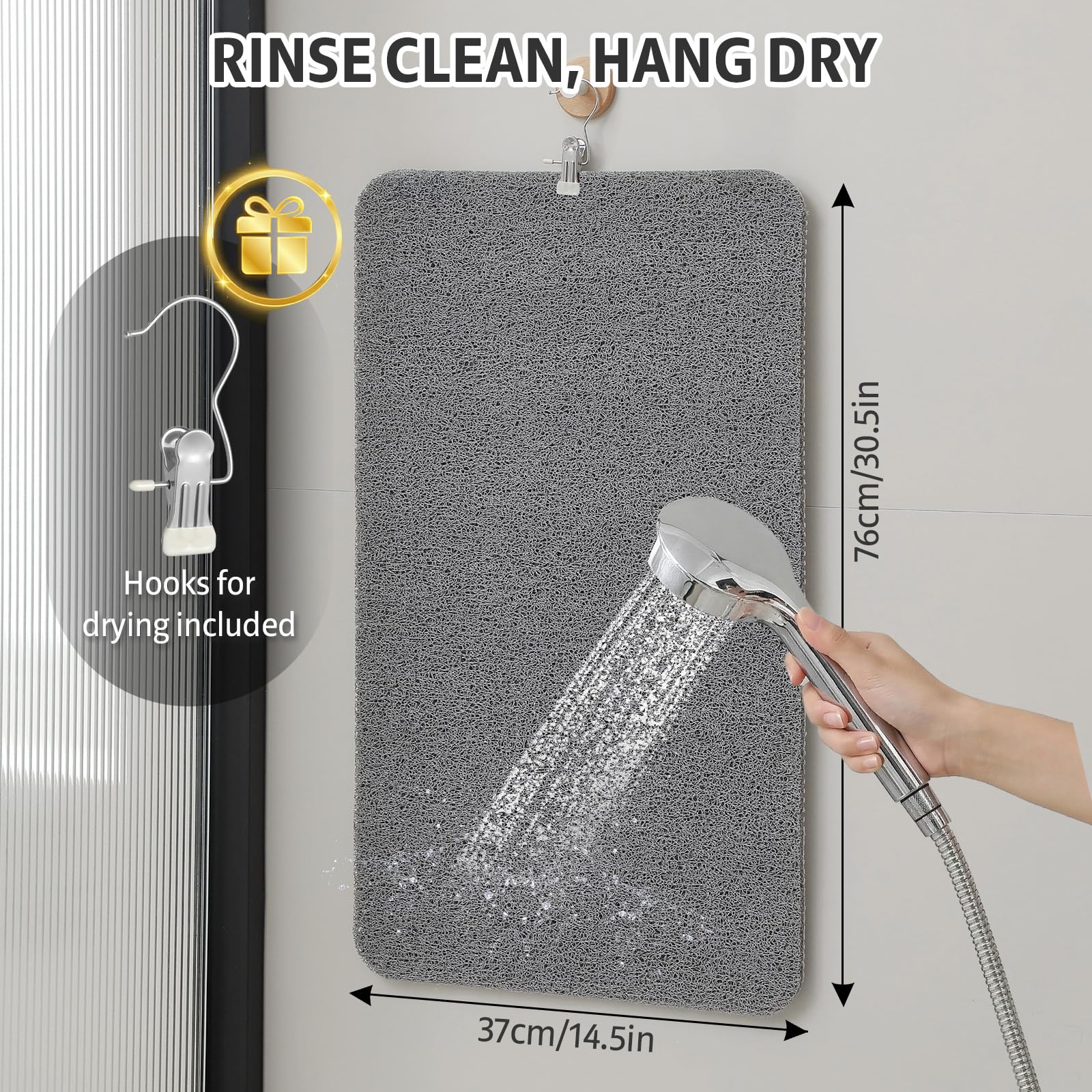 XIYUNTE Soft Shower Mat Non Slip Anti Mould 76 x 43 cm, INCL. Hooks for Drying, PVC Bath Mat Non Slip Anti Mould