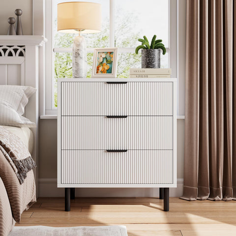 Crevyteg White Fluted 3 Drawers Dresser, Wide Wood Chest of Drawers, Modern Storage Dresser Chest of Drawers Organizer with Metal Legs and