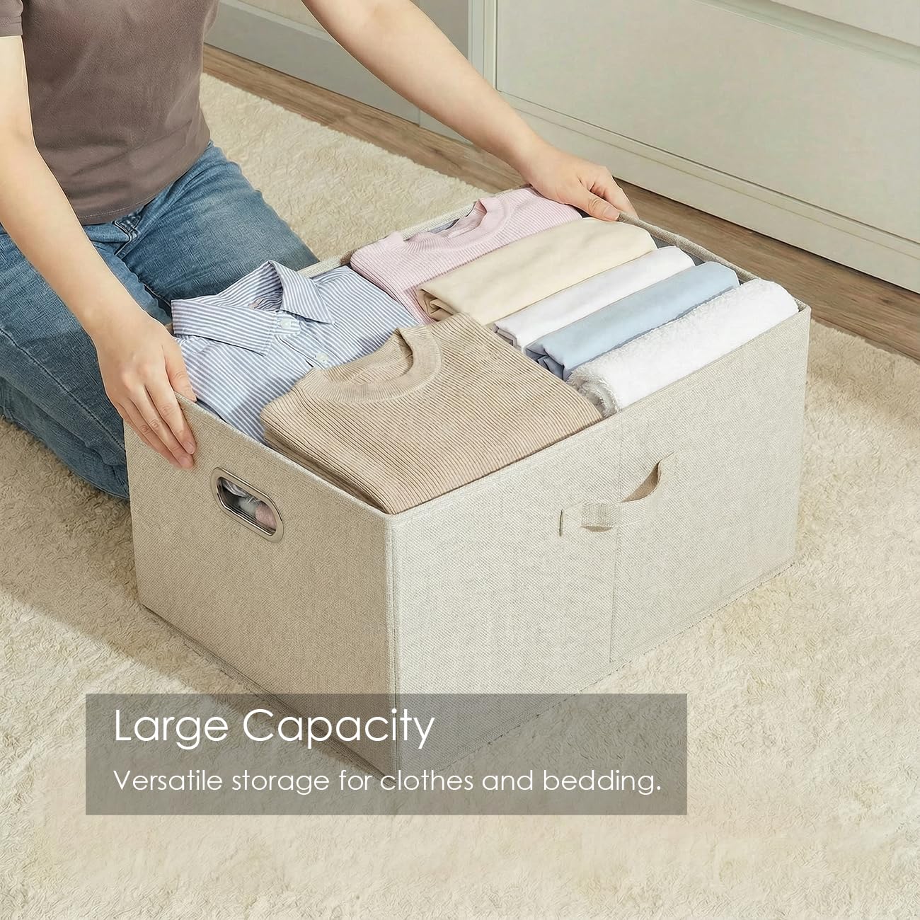 Prandom Storage Boxes with Lids Extra Large,58x40x30cm,Beige[3-Pack]