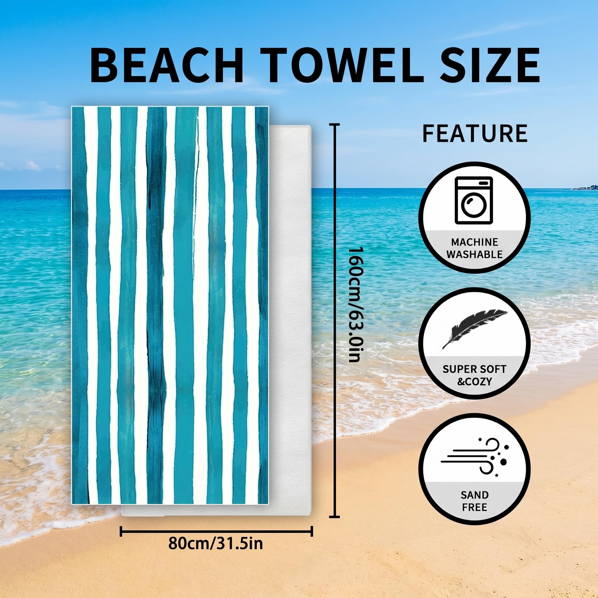 Microfibre Beach Towel Extra Large 160x80cm – Oversized Sand Free Quick Dry Beach Towels for Adults