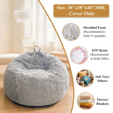 XeGe Faux Fur Stuffed Animal Storage Bean Bag Cover(No Filler), Light Grey