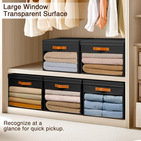 Homsorout Large Fabric Storage Boxes with Lids & Clear PVC Window Black 38L