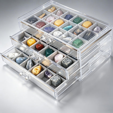 Dmnnlp Rock Display Case, 3 Drawers 54 Grids Rock Collection Box, Storage Cases for Gemstone Fossil Crystal Stone Jewellery (Grey)