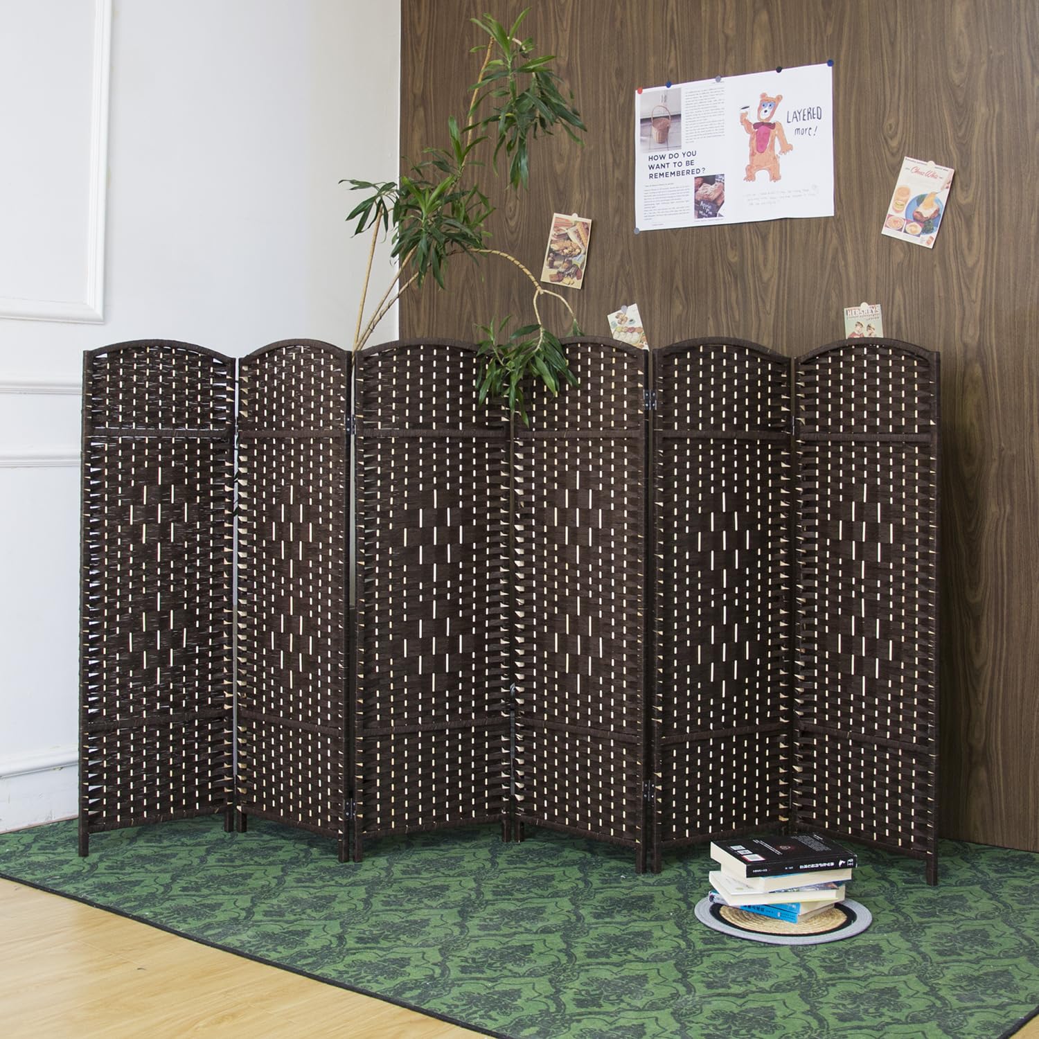 Furnnylane 6 Panel Dark Brown Rattan Divider Short Room Partition Screen,Double Sided Short Folding Divider for Room Separation,120 cm Tall