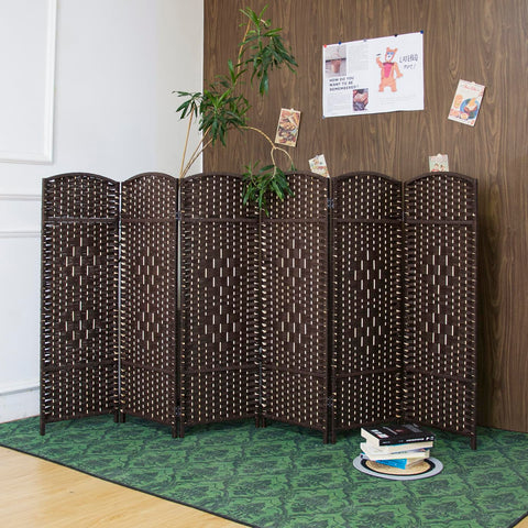 Furnnylane 6 Panel Dark Brown Rattan Divider Short Room Partition Screen,Double Sided Short Folding Divider for Room Separation,120 cm Tall