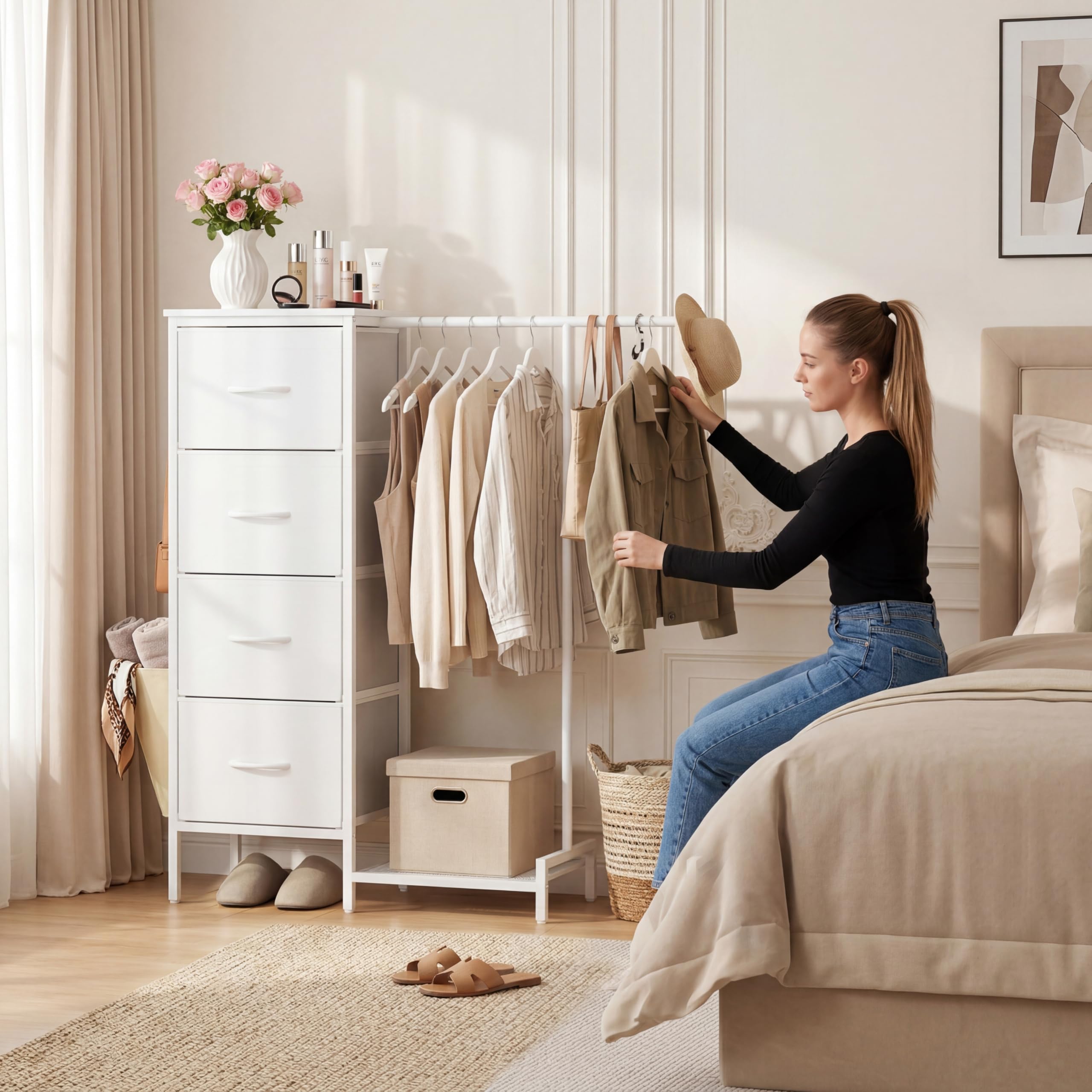 Chest of Drawers with Retractable Hanging Rail and 4 Fabric Drawers