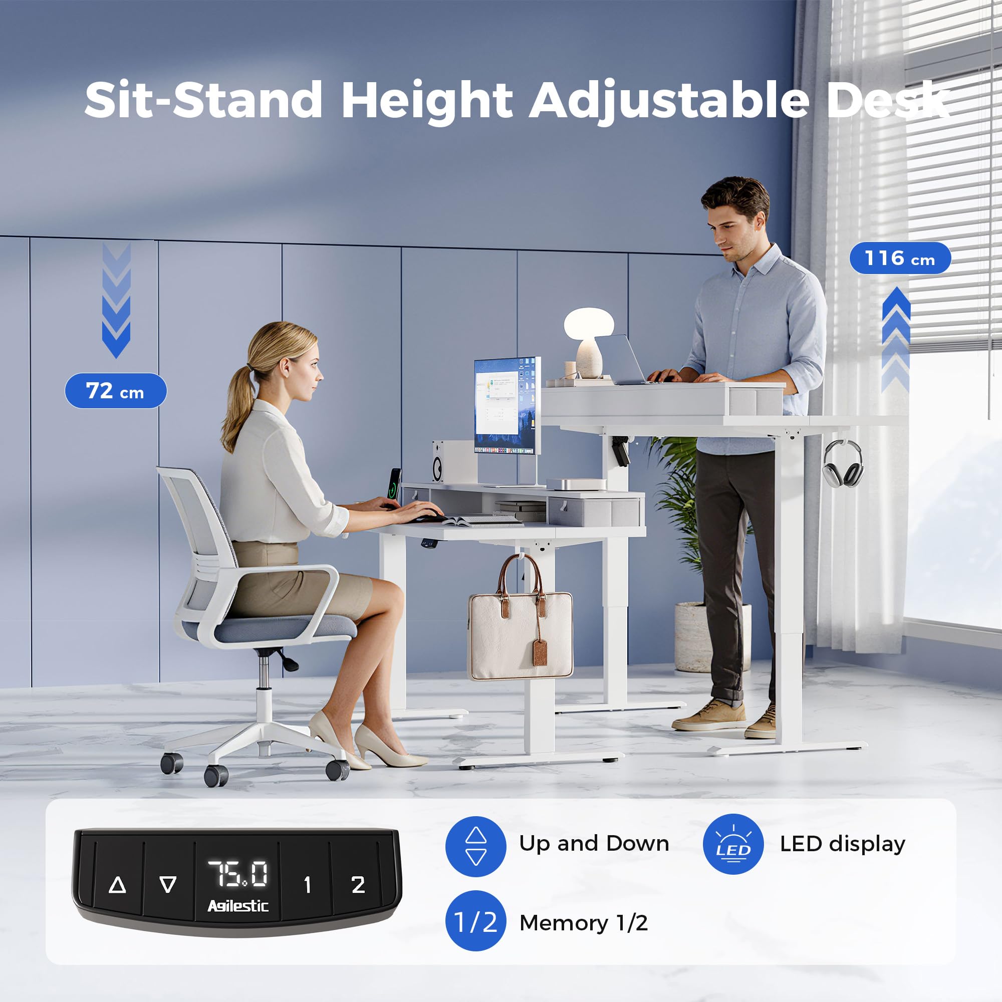 Agilestic Electric Adjustable Height Desk, with 2 Fabric Drawers, 100x60cm