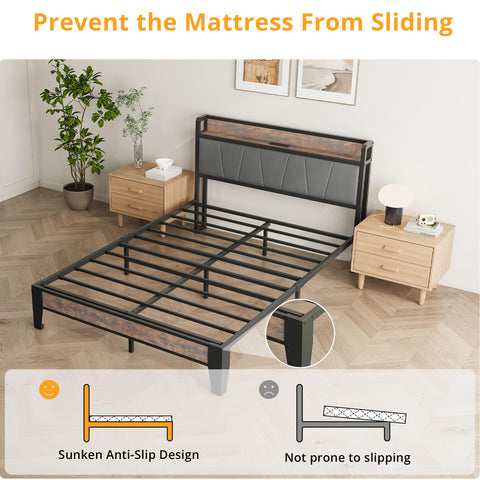 IRONCK Double Bed Frame with Storage Shelf Upholstered Headboard, Platform Bed Frame with Charging Station, Metal Bed Frame/UnderBed Storage