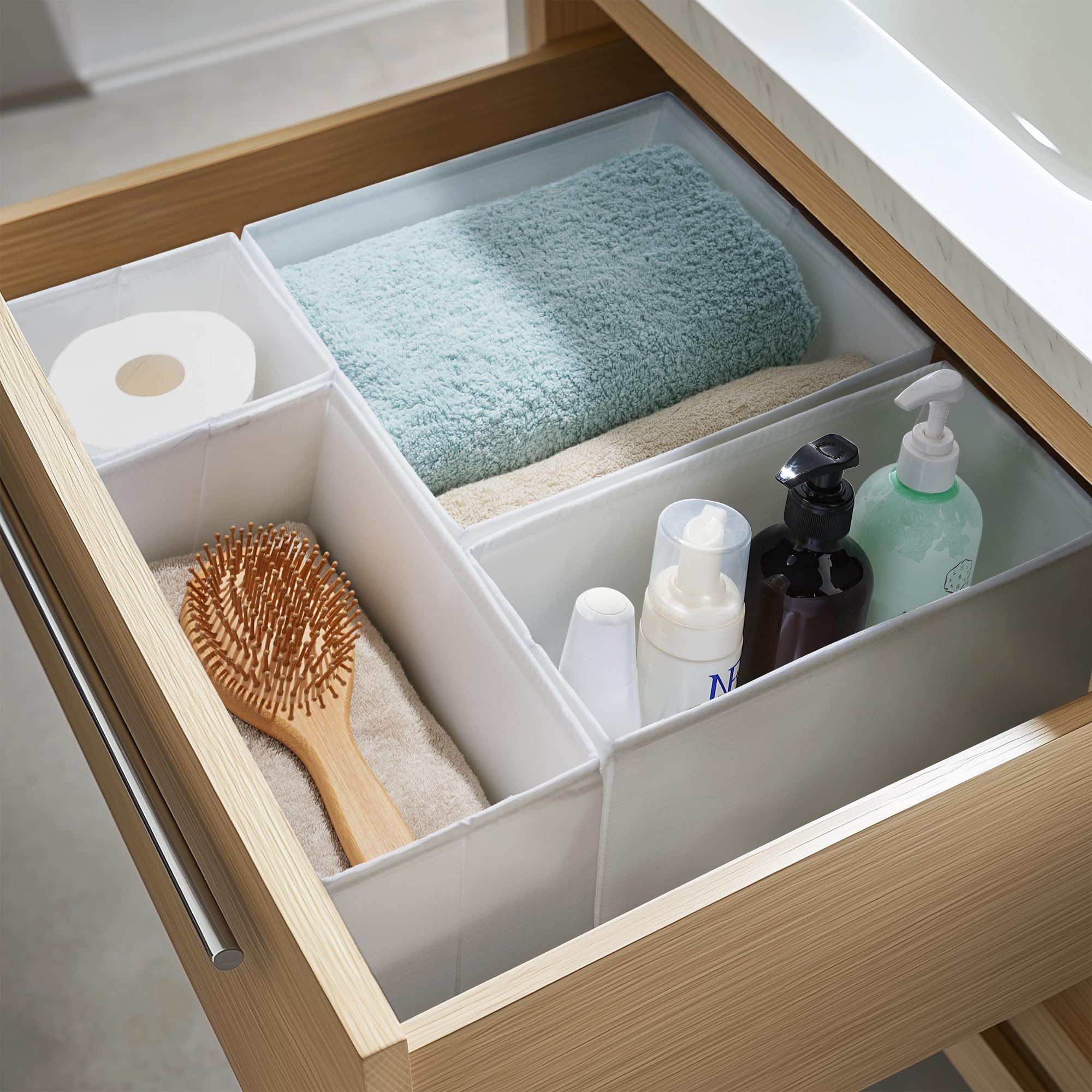 TYEERS Drawer Organisers, Durable Fabric, Washable, with Base Support Boards, Small Storage Boxes for Bathroom, Wardrobe, Chest of Drawers, Set of 6