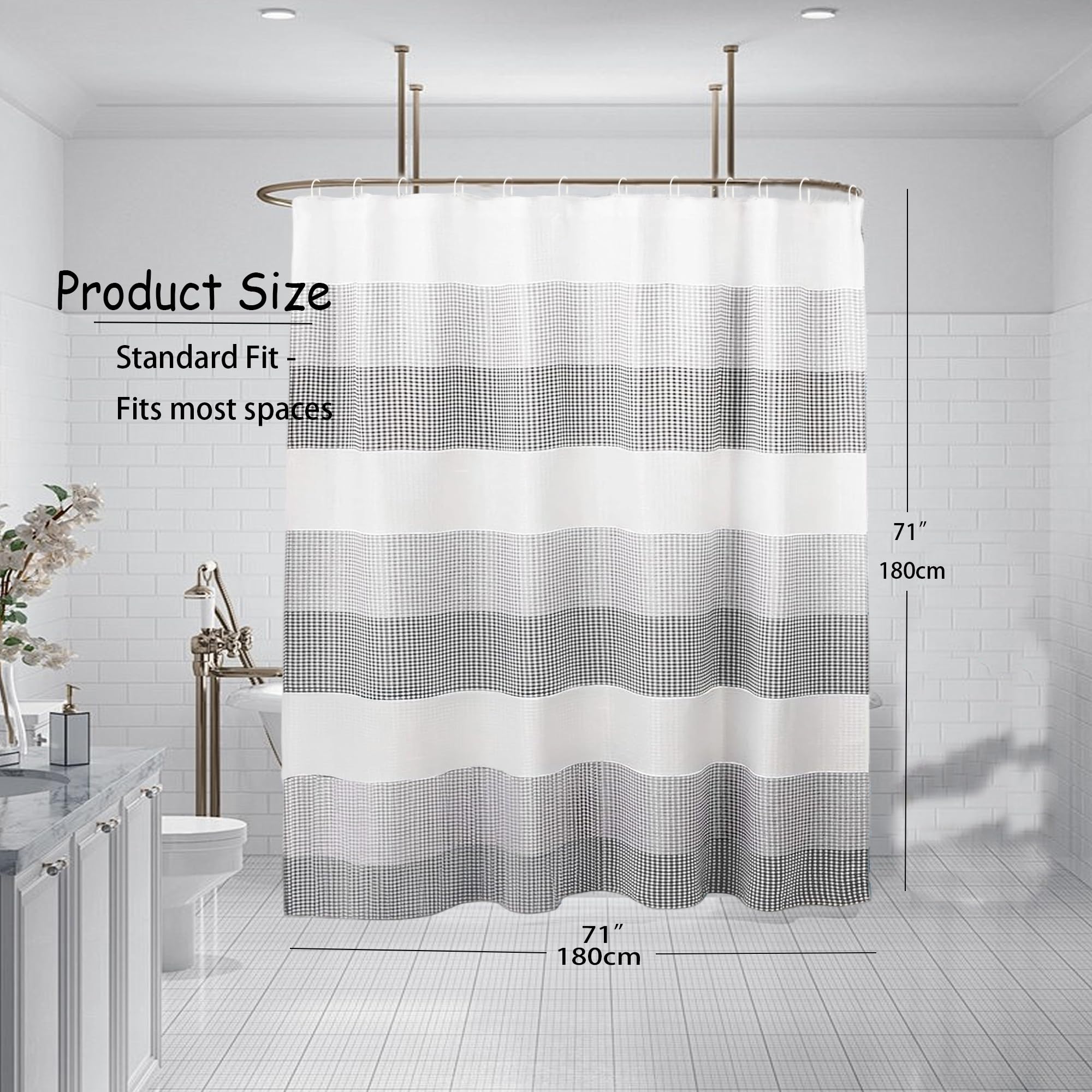 maifey Shower Curtain for Bathroom, Waffle Fabric Heavy Duty Waterproof Wet Room Grey Shower Curtains Heavy Duty Bath anti-fouling with 12 Hooks 180