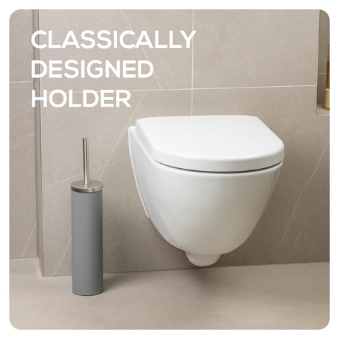 EPISTAR Silicone Toilet Brush & Holder Set - Stainless Steel - Replacement Heads Available - 45cm Tall - Toilet Brush Silicone with Long Handle (Grey)