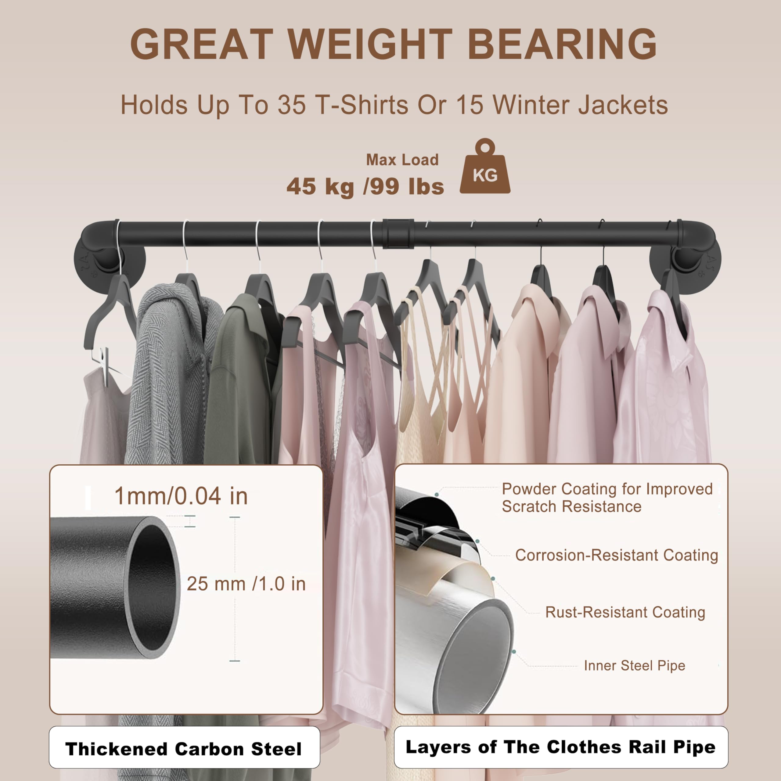 VOLISON Wall Mounted Clothes Rail, 90CM Industrial Pipe Clothing Rack, Industrial Clothes Rail Wall Mounted
