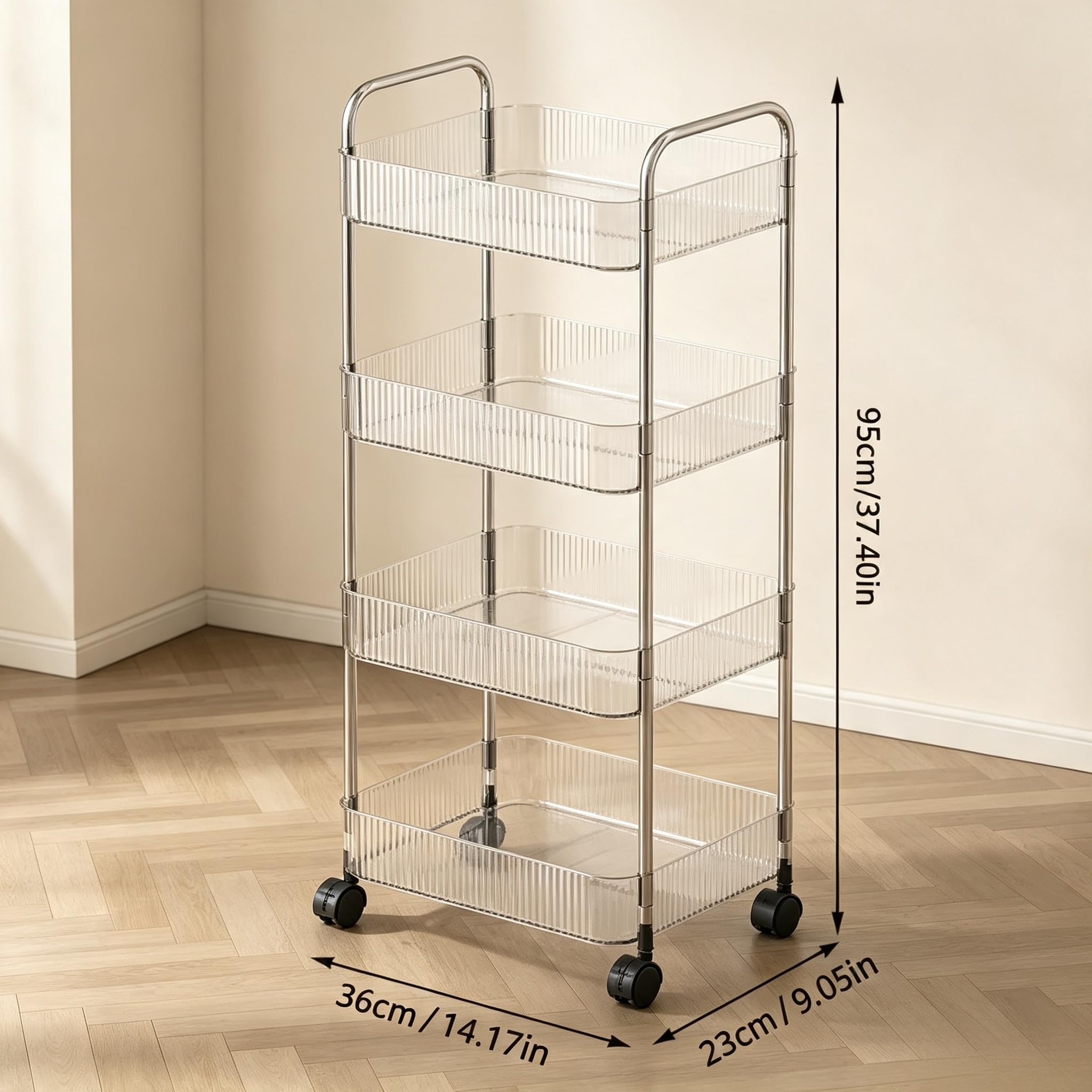 Guyi-Duck Clear Acrylic Storage Cart with Wheels, Transparent Rolling Organiser Trolley for Kitchen, Bathroom, Office and Home Corner