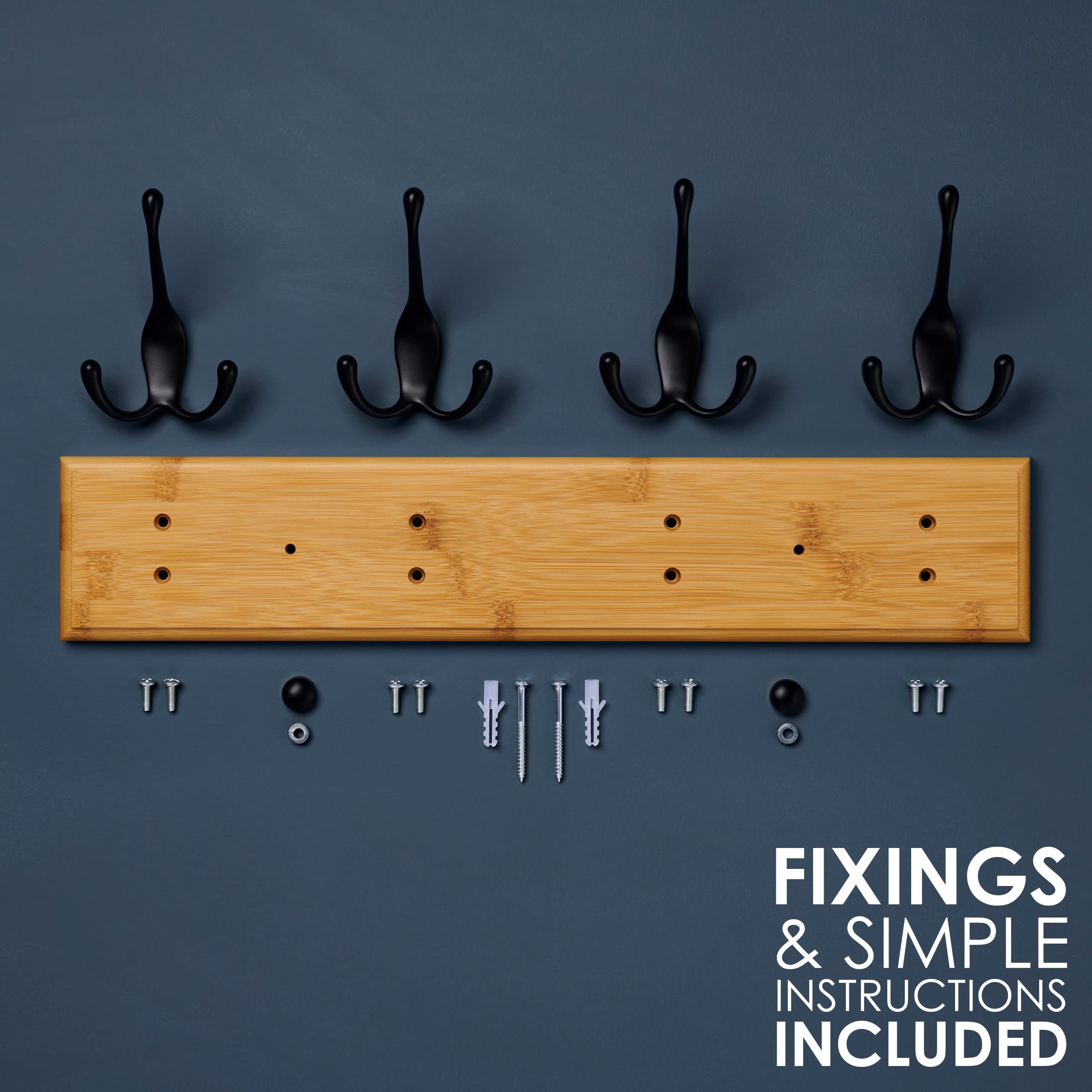 LARHN Wooden Wall-Mounted Coat Rack - 4 Black Coat Hooks, 42cm