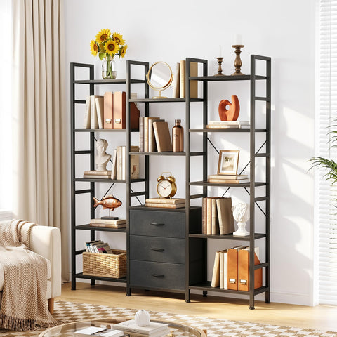 OYRREU 5-Tier Bookcase with Drawers, 120cm Wide Rustic Black Shelving Unit