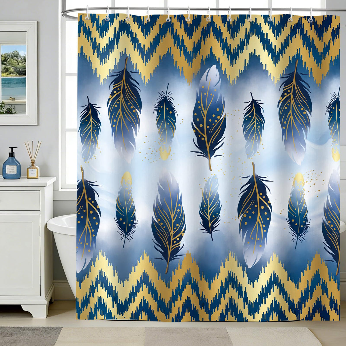 hometrixx Navy Blue Gold Feather Geometric Lines Shower Curtain 180x180cm