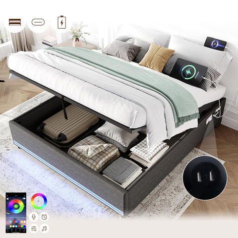 BTM 4ft6 Double Ottoman Storage Bed, No Headboard Linen Bed Frame with LED Lights, Charging, Side Pockets, Grey (No Mattress)