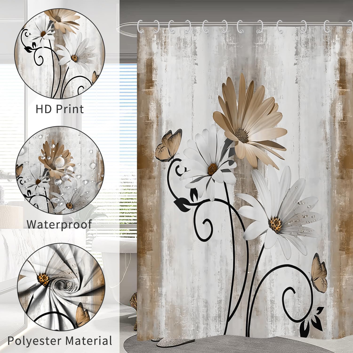 Hnmdmyi Farmhouse Floral Shower Curtain 180x200, Rustic Brown Daisy Flowers and Butterfly on Country Wooden Board Bathroom Curtains Waterproof