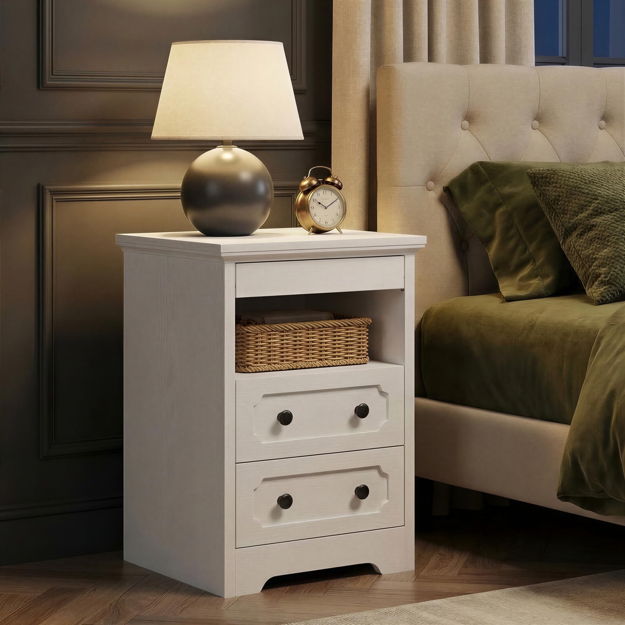 IRONCK Bedside Table Set of 2, Modern Nightstand with 2 Drawers, Open Shelf, End Table with Pull-Out Tray for Bedroom, Living Room, White