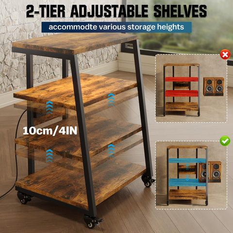 Vrietina HIFI Stand with Power Strips, Adjustable Shelf, LED Lights, Wheels