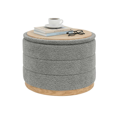 PINPLUS Round Chenille Storage Ottoman, Tray Top, 58x58x44 cm, Grey