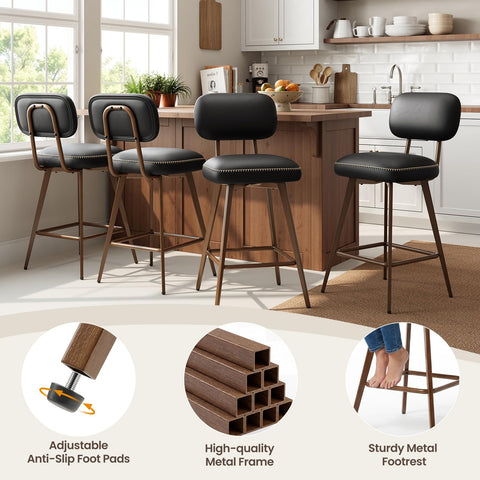MALOL PU Leather Breakfast Bar Stools Set of 6, Swivel Kitchen Bar Chairs with Backrest and Metal Legs