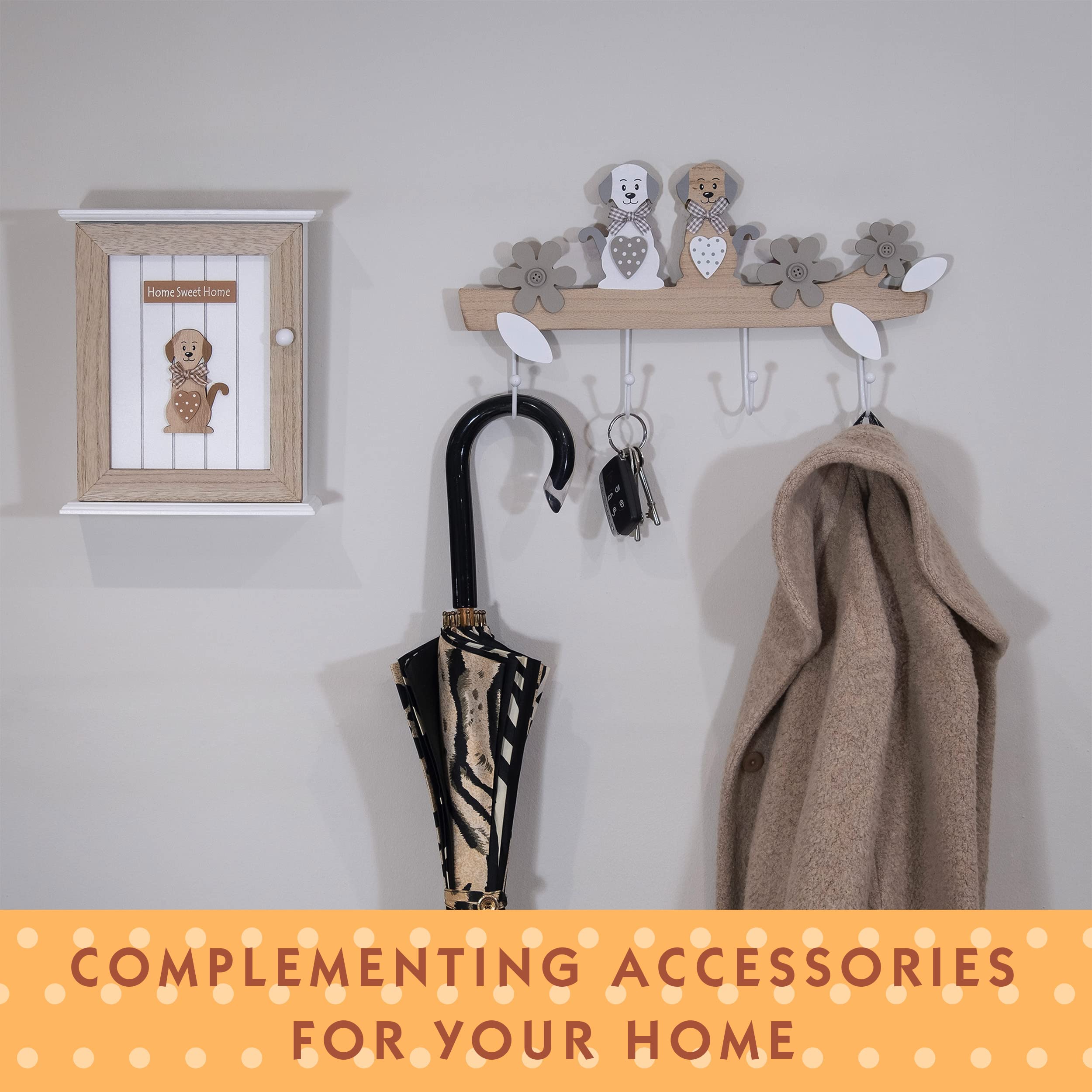 SPOTTED DOG GIFT COMPANY Coat Hooks Wall Mounted Coat Rack, Cute Decorative Wooden 4 Hook Wall Hanger for Clothes Keys Leads