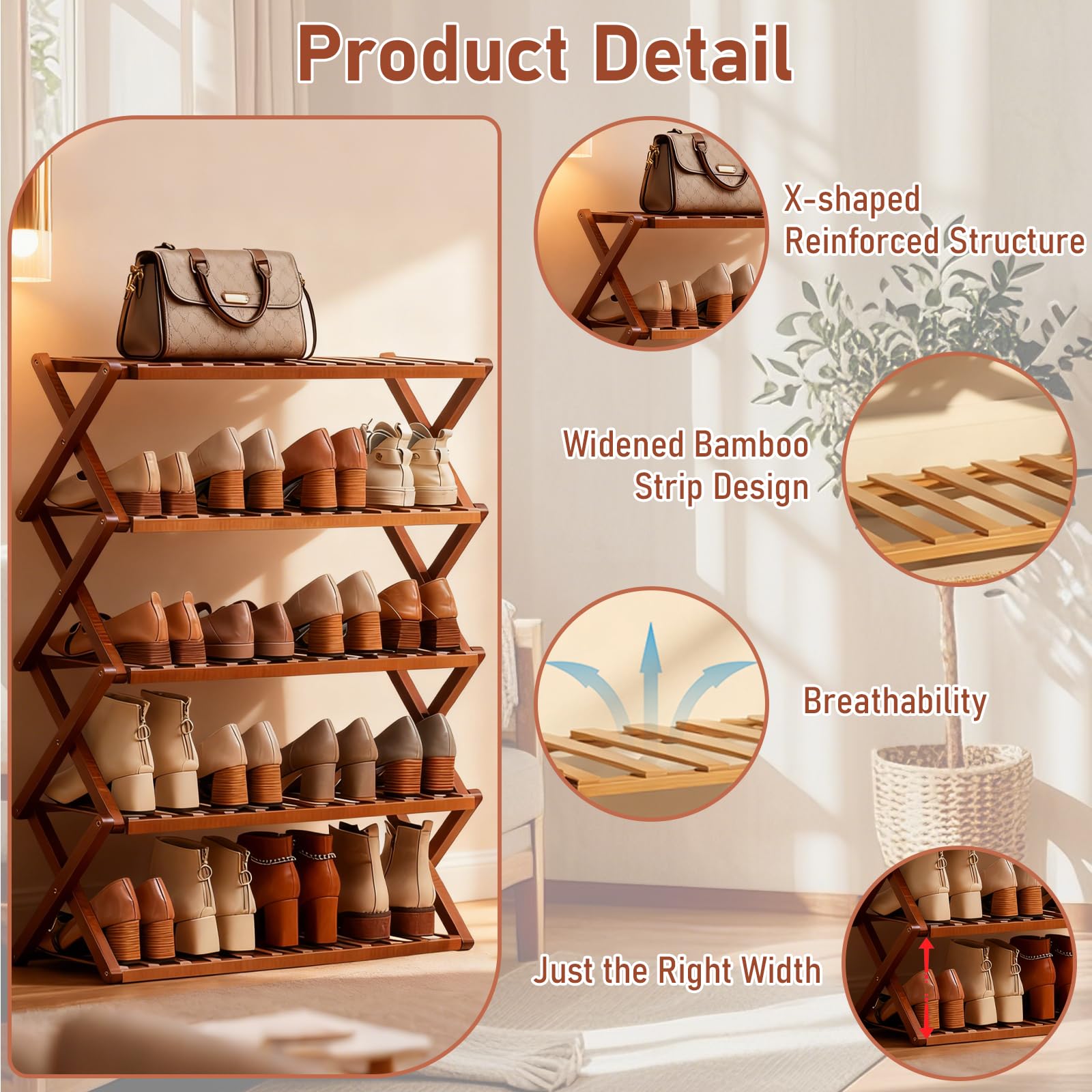 Gelory Bamboo Folding Shoe Rack, Portable Wooden Small Shoe Storage Rack