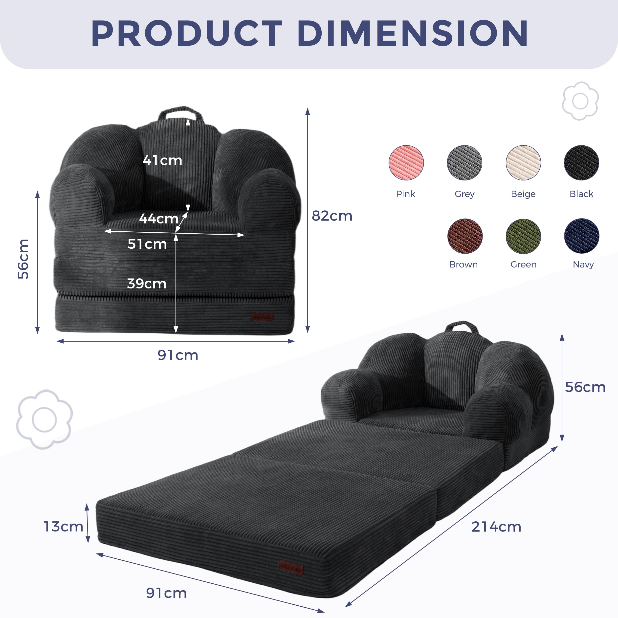 MAXYOYO Folding Sofa Bed with Backrest, Floral Shaped 2 in 1 Convertible Sofa to Comfy Faux Fur Bean Bag Chair for Adults