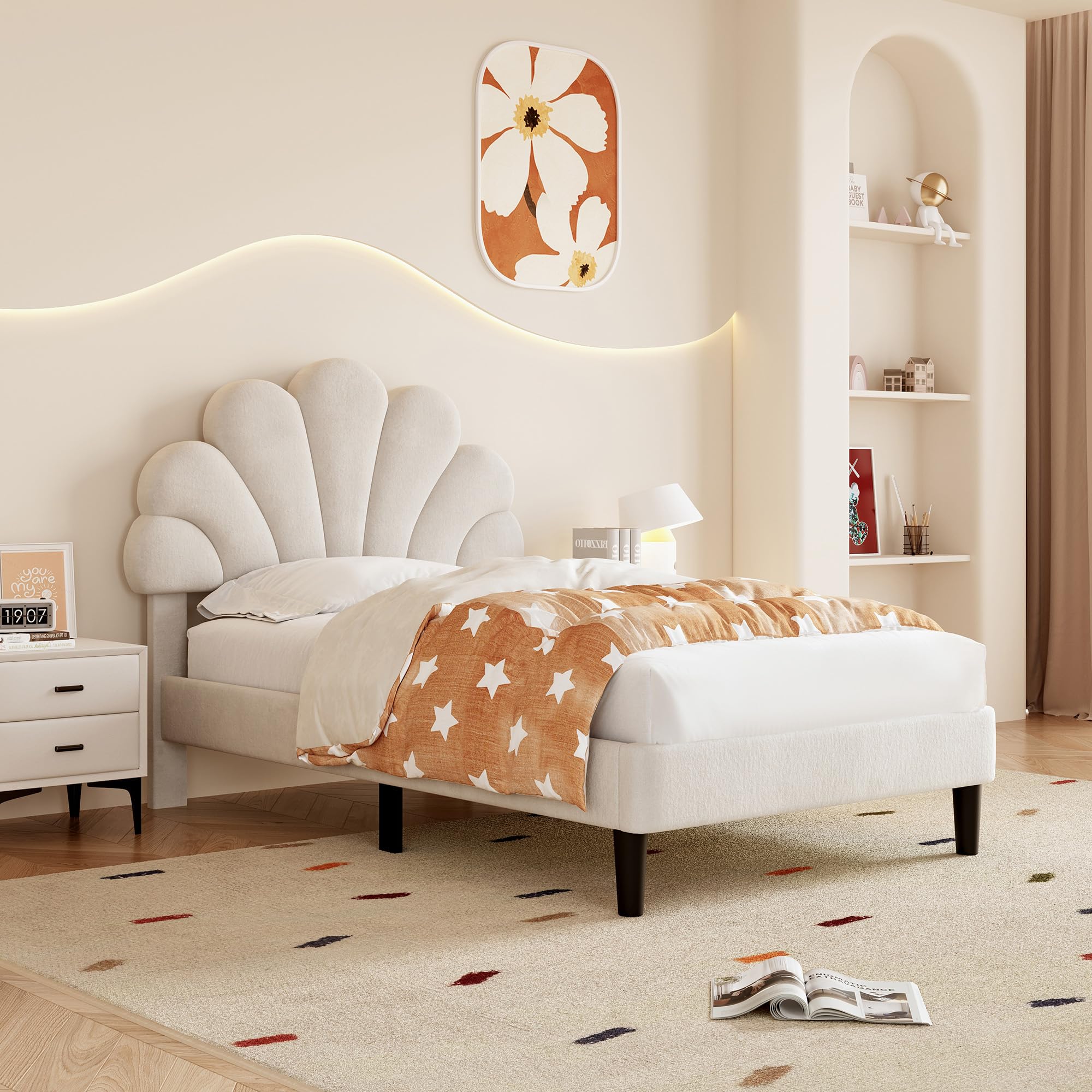 Merax Single bed frame, 3ft Single Upholstered Bed, Adjustable Chic Petal Headboard, Sturdy Wooden Slat Support, Velvet Fabric (No Mattress)