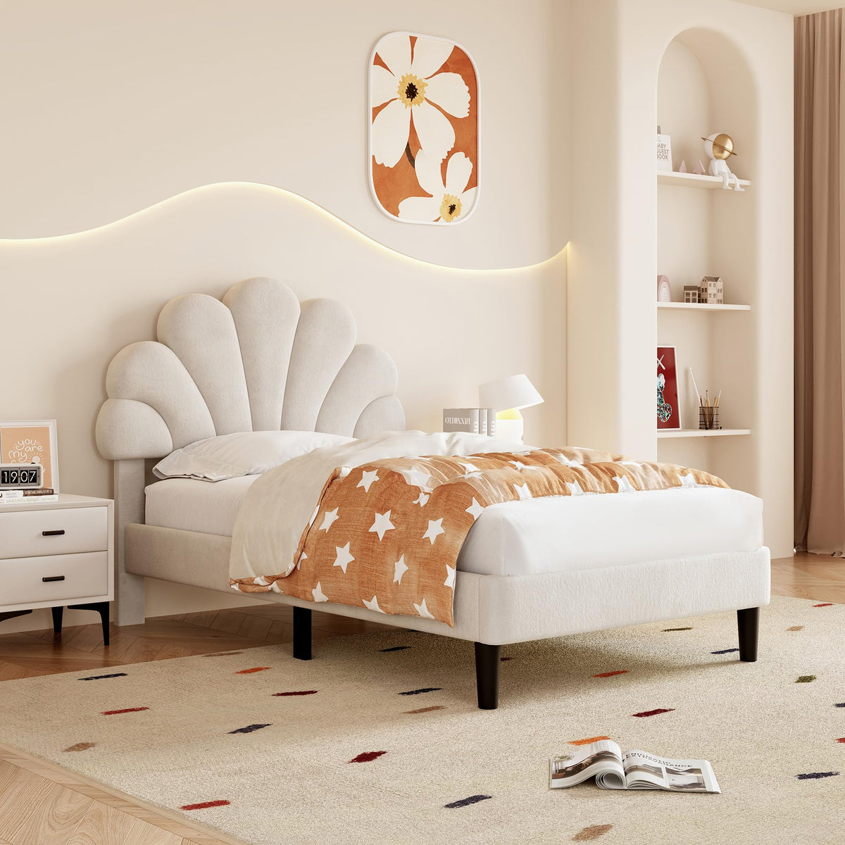 Merax Single bed frame, 3ft Single Upholstered Bed, Adjustable Chic Petal Headboard, Sturdy Wooden Slat Support, Velvet Fabric (No Mattress)