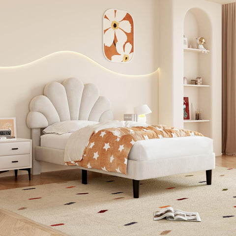 Merax Single bed frame, 3ft Single Upholstered Bed, Adjustable Chic Petal Headboard, Sturdy Wooden Slat Support, Velvet Fabric (No Mattress)