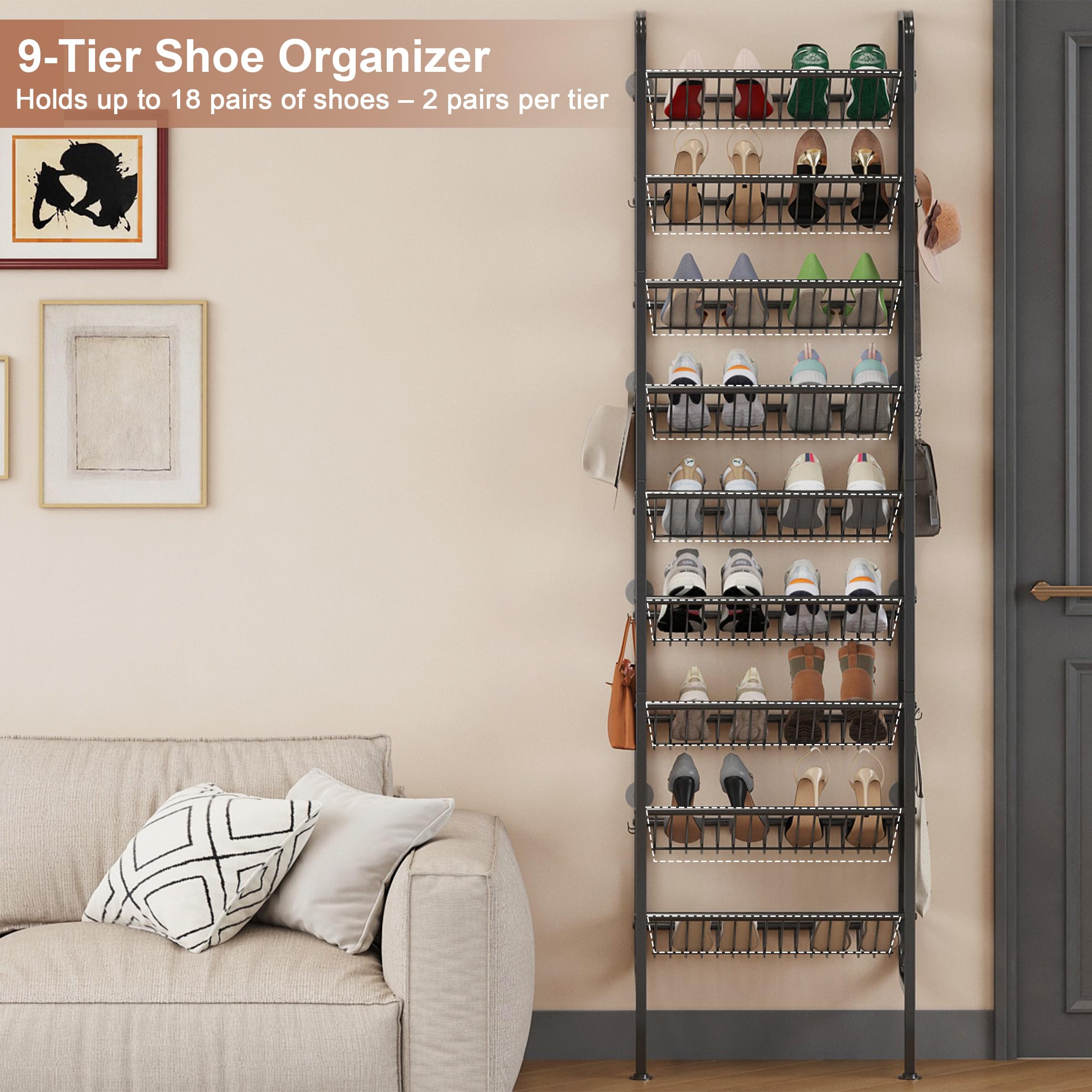 Ornestia Wall Mounted Shoe Rack,Metal Shoe Storage for Over Door,Black