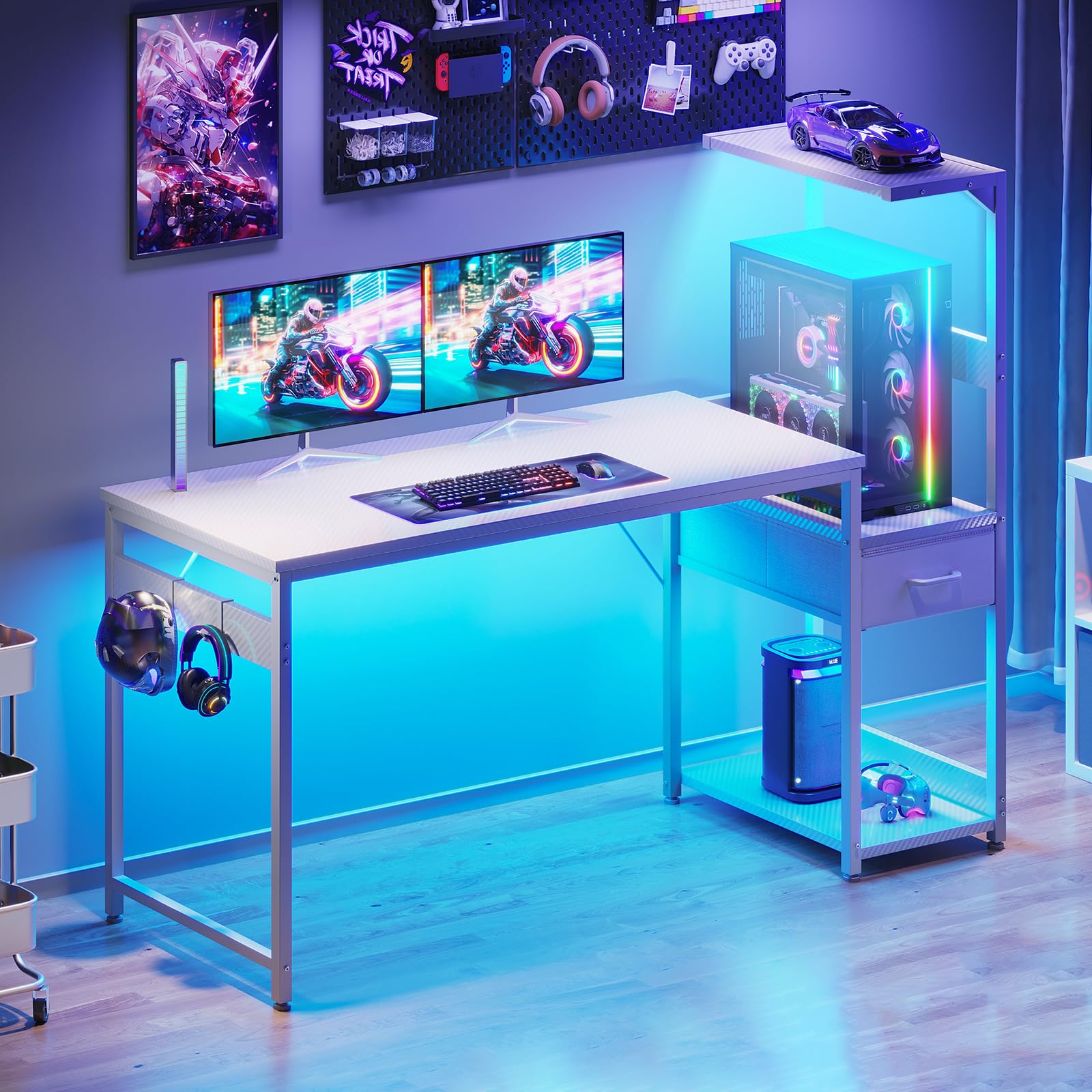 Coleshome 138×48 cm Gaming Desk with LED Lights, Carbon Fiber White