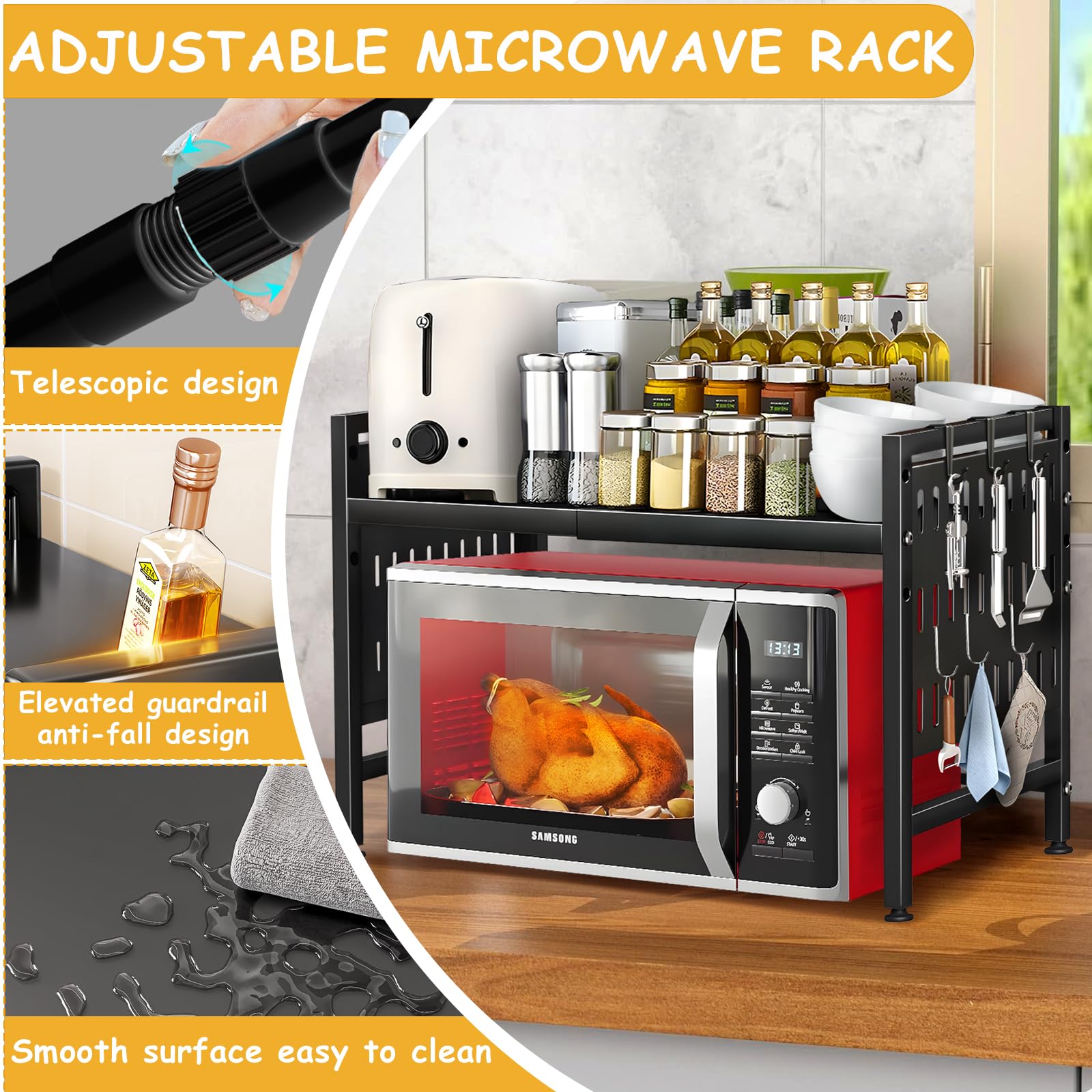 2-Tier Expandable Microwave Shelf, Adjustable Microwave Shelf with Knife Holder, 6 Hooks, Microwave Holder Made of Carbon Steel, Flexible