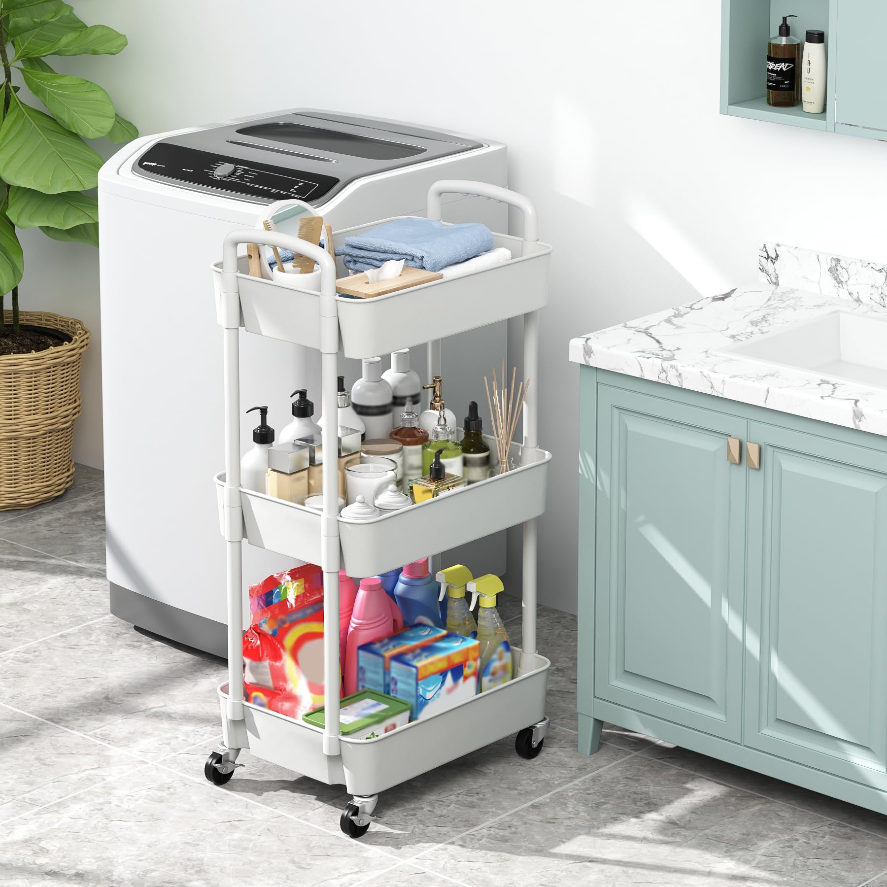 Sywhitta 3-Tier Plastic Rolling Utility Cart with Handle, Multi-Functional Storage Trolley for Office, Living Room, Kitchen