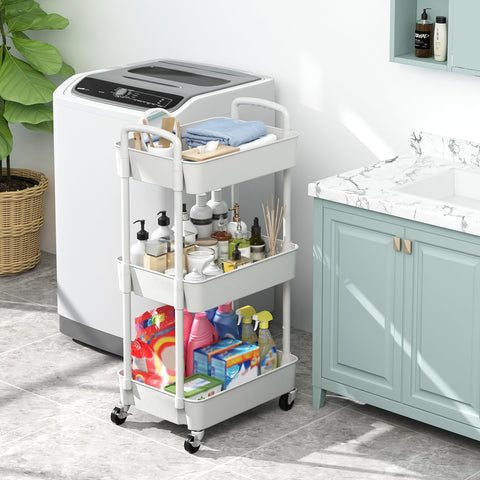 Sywhitta 3-Tier Plastic Rolling Utility Cart with Handle, Multi-Functional Storage Trolley for Office, Living Room, Kitchen