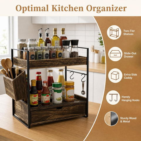 Bathroom Counter Organizer with Drawer and Basket, Wooden Skincare Holder