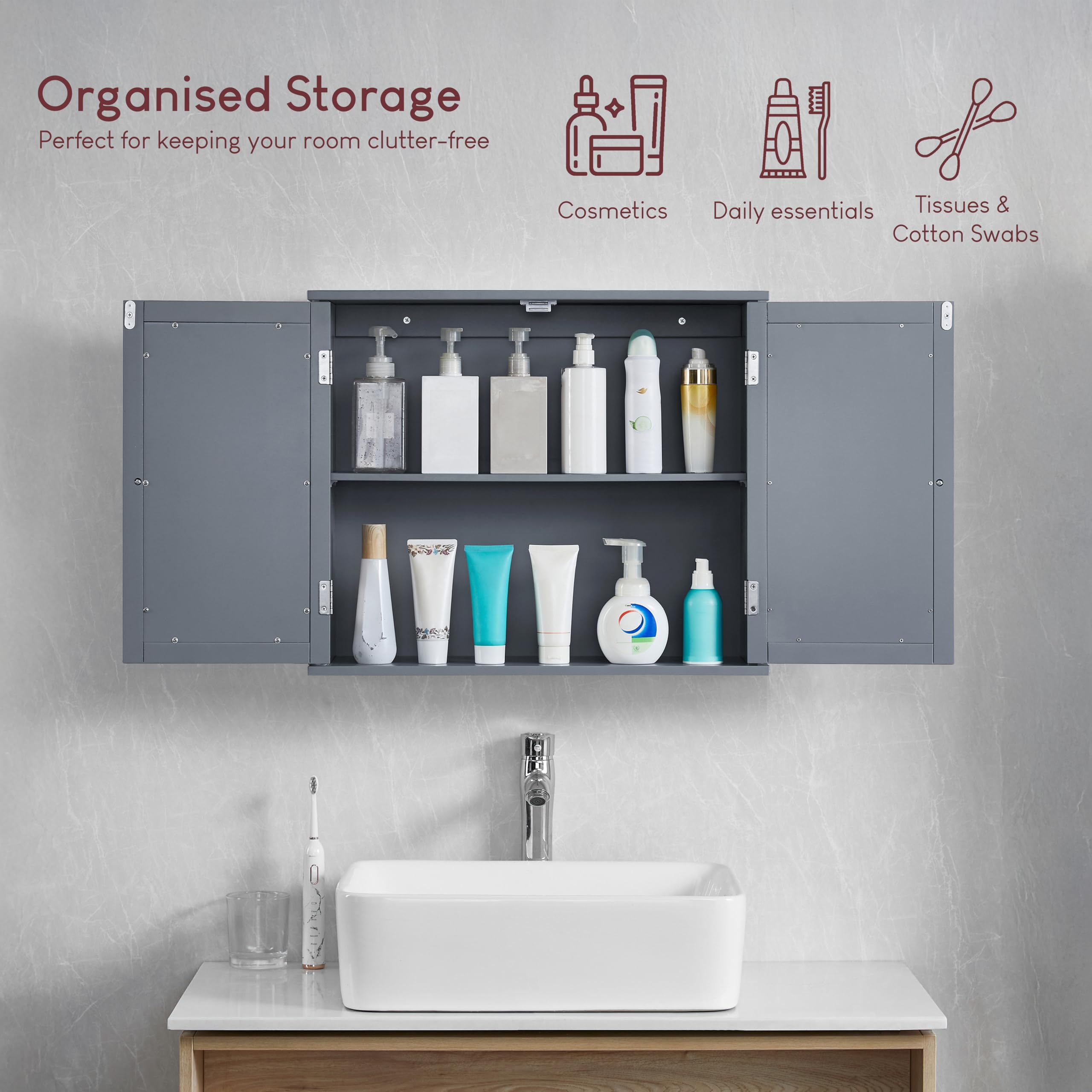 Bath Vida Priano 2 Door Bathroom Wall Cabinet | Grey | Space-Saving Storage | 60H x 60W x 15D cm | Adjustable Shelf | Modern Wooden Cupboard Unit