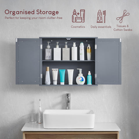 Bath Vida Priano 2 Door Bathroom Wall Cabinet | Grey | Space-Saving Storage | 60H x 60W x 15D cm | Adjustable Shelf | Modern Wooden Cupboard Unit
