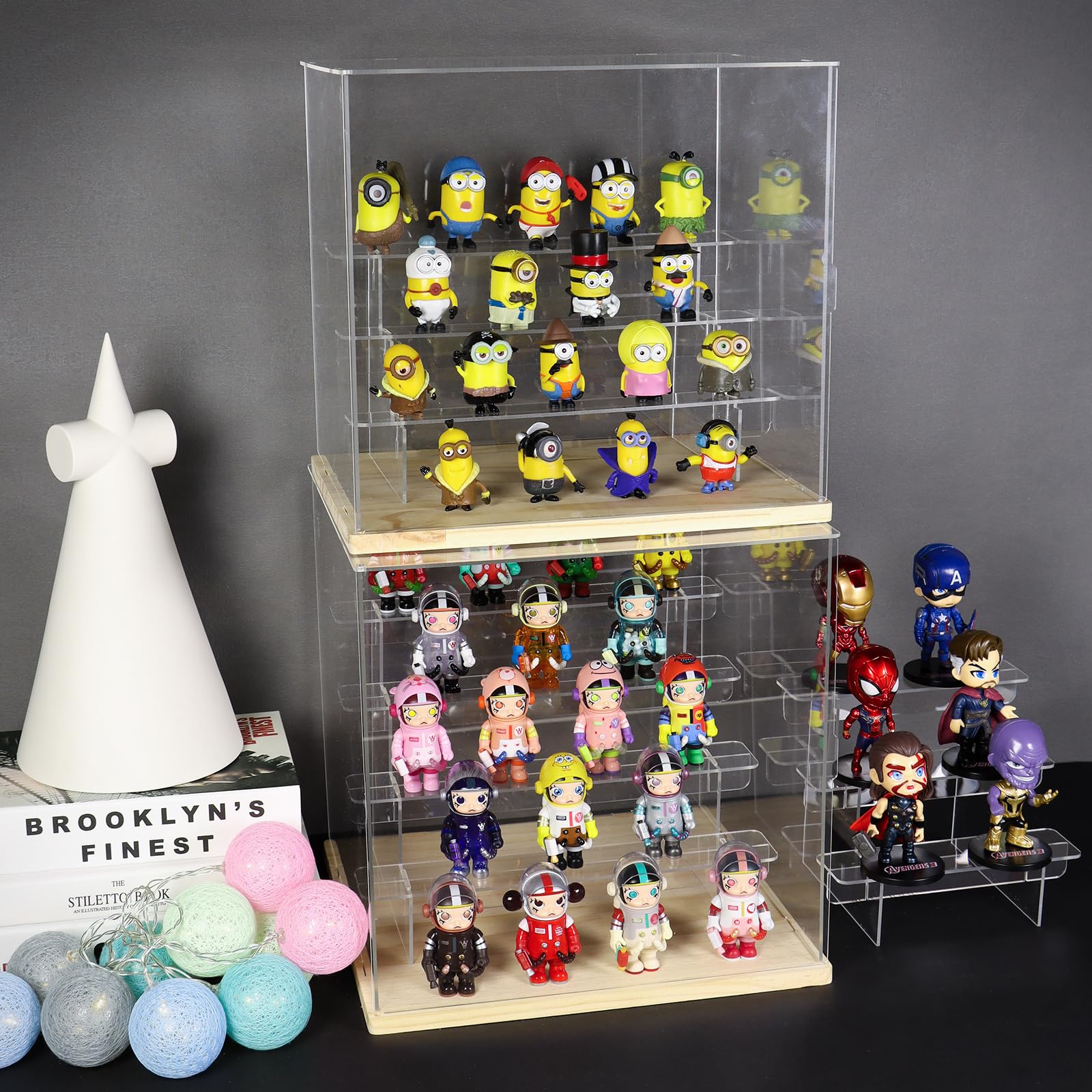 Nynelly 5 Tier Clear Acrylic Display Case for Models, Mini Figures, Pop Mart, Labubu, Sonny Angel, Smiski - Assemble Dustproof Display Box with Door