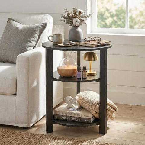 Farmhouse 3-Tier Round Side Table, 45 * 55 End Table with Open Storage,Modern Couch Accent Table Circular Nightatand for Living