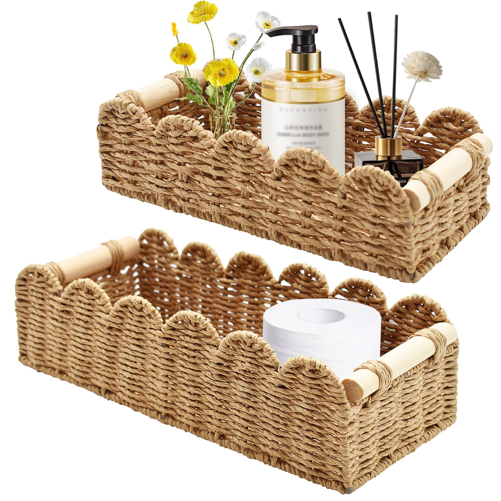 Yiomxhi 2 Pcs Wicker Storage Baskets, Woven Organizer Bins with Wooden Handles, Rope Scalloped Edge Toilet Paper Baskets for Bathroom, Shelf, Kitchen