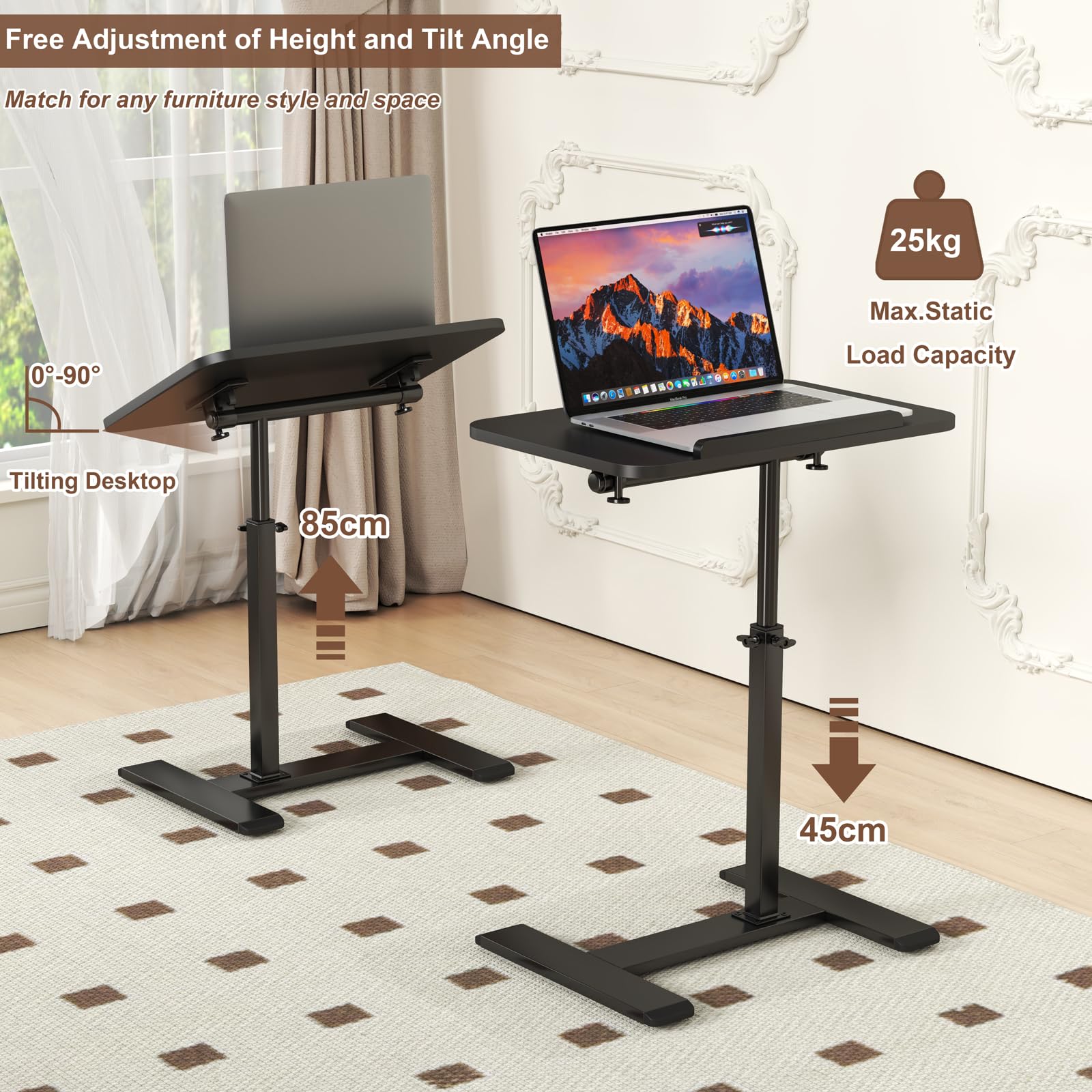 Adjustable Height C Shaped Side Table,360°Swivel Overbed Table,Top Tilting Laptop Stand Tray Tables with Wheels,Mobile Couch End Tables that Slide