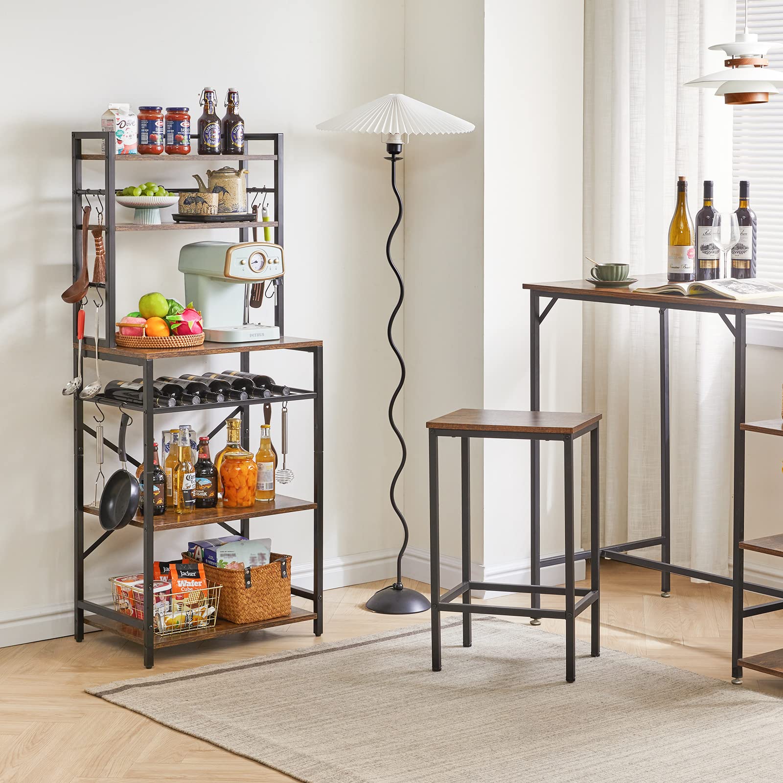 YMYNY Kitchen Baker's Rack, Microwave Oven Stand with Storage Shelves, Industrial Coffee Bar Station, with Adjustable Wine Holders and 12 S-Hooks